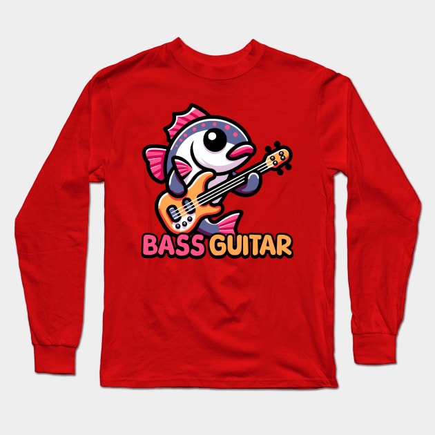 Bass Guitar! Cute Fish Guitar Pun Cartoon Long Sleeve T-Shirt by Cute And Punny